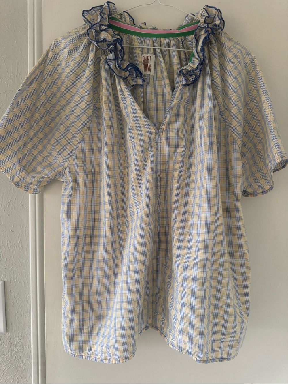 A Shirt Thing Yellow & Blue Gingham Ruffle Neck Blouse